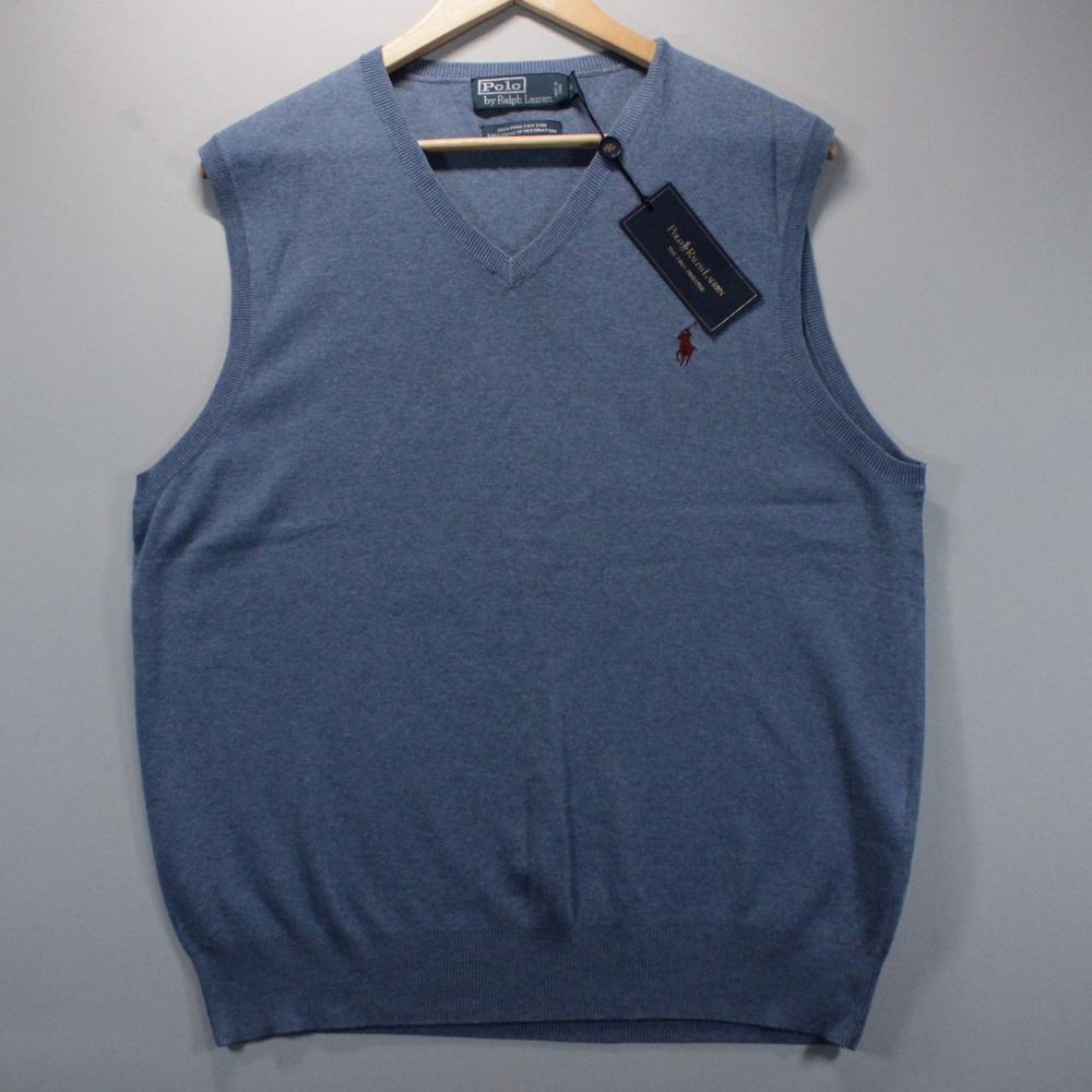 Polo Ralph Lauren Mens L Soft Pima Cotton V-Neck Sweater Vest Blue NWT Red Pony